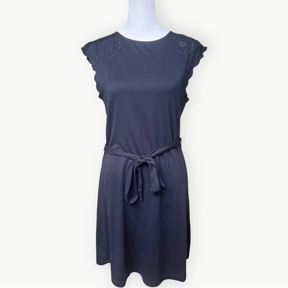 Ann Taylor LOFT Navy Blue Tie Waist Scallop Sleeve Eyelet A-Line Mini Dress. XS.